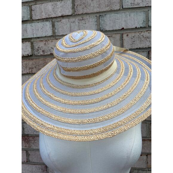 Vintage Bambergers Stripe Floppy Hat Tan Cream Ribbon Beach Cottagecore main image 5